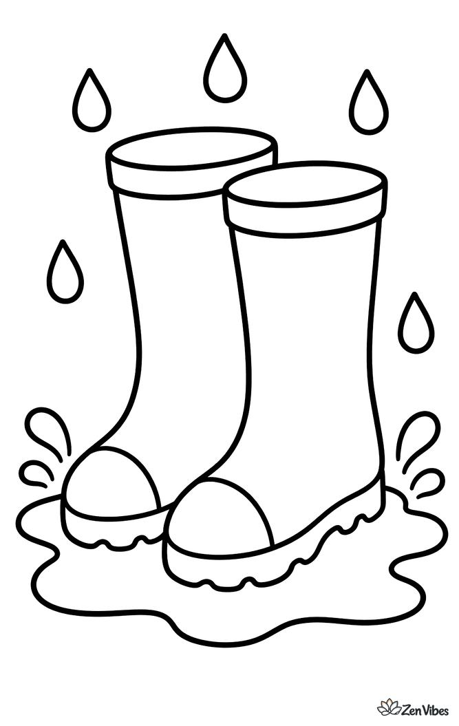A pair of tall rain boots standing in a puddle with a few raindrops falling